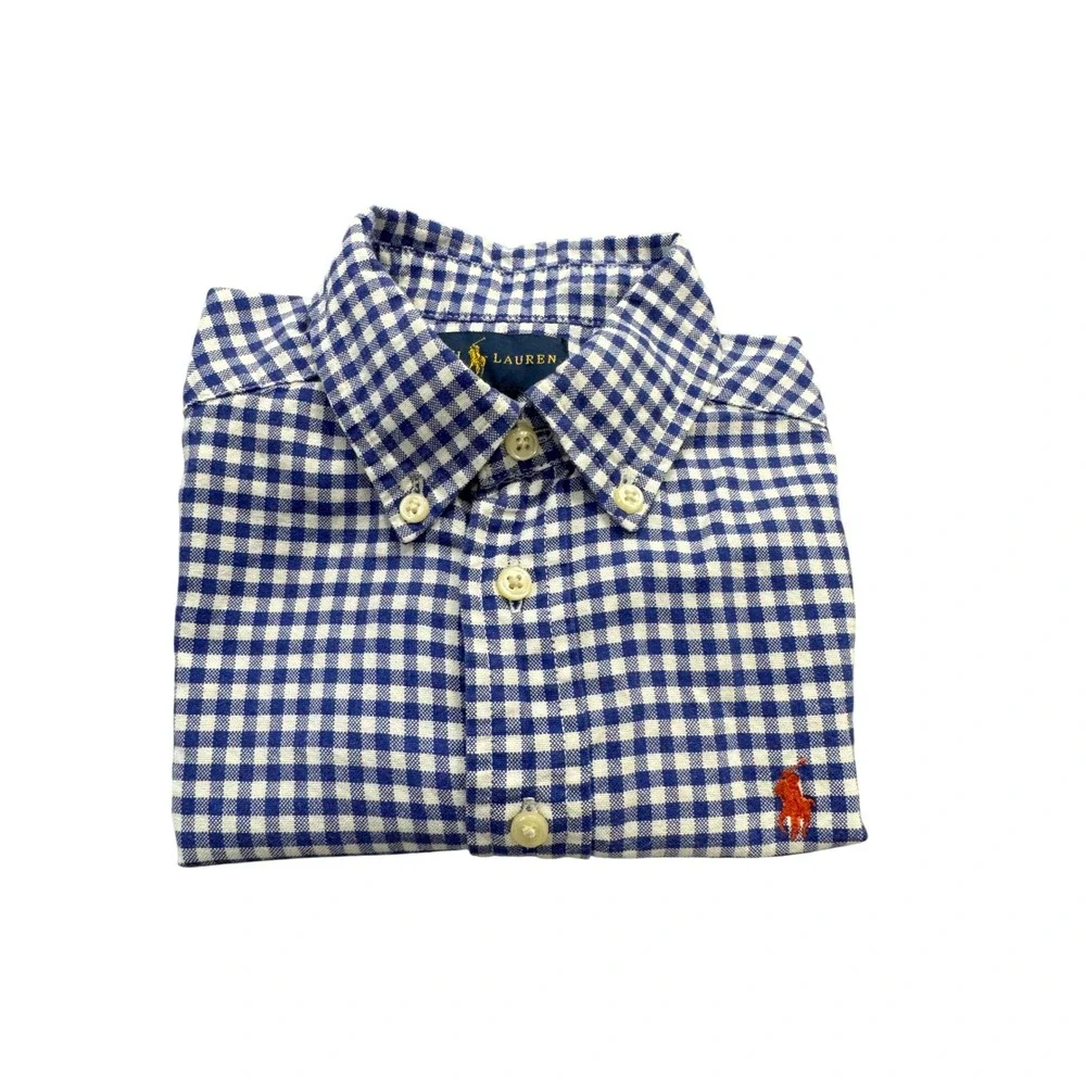 Ralph Lauren Gingham Button Down Shirt Boys 4 4T Blue White Check Long Sleeve